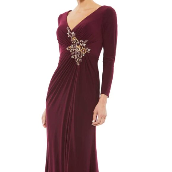 MAC DUGGAL 68737 PETITE FAUX WRAP LONG SLEEVE W/APPLIQUE DETAIL BERRY GOWN sz 12 - Picture 1 of 5